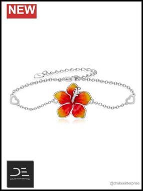 925 Sterling Silver Hibiscus Flower Bracelet, Hawaiian Jewelry Gift for Women,